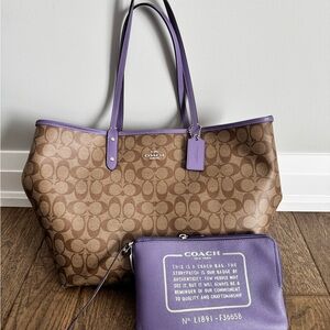 Coach Signature Canvas Tote with Purple Leather Trim and Pouch reversible